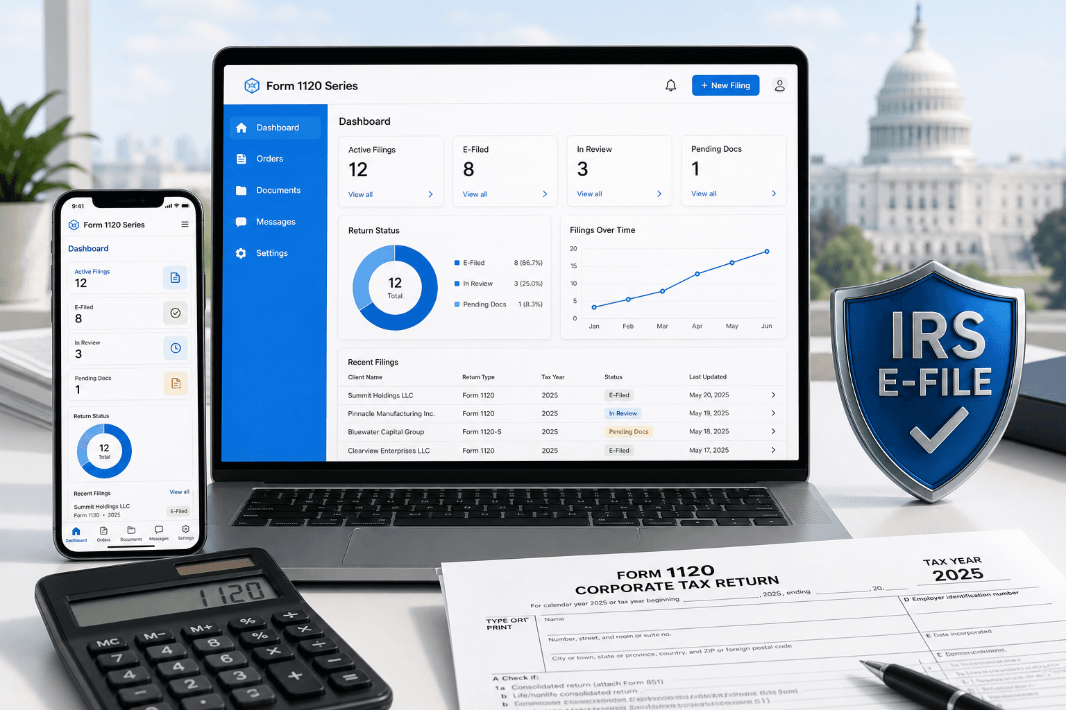 Form 1120 Series filing platform on laptop and mobile